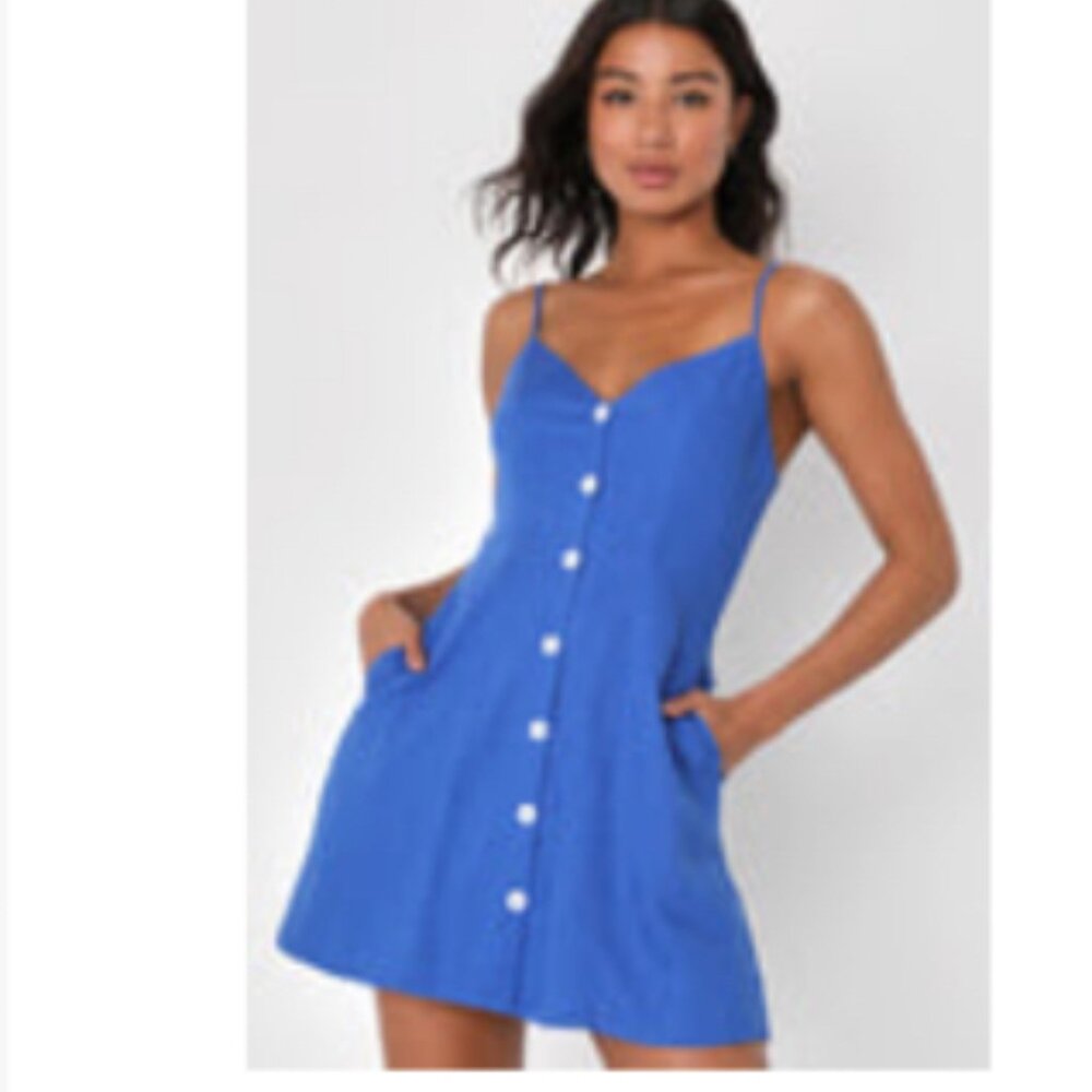 NWT!! Lulus Favorite Find Royal Blue Linen Mini Dress with Pockets, size M